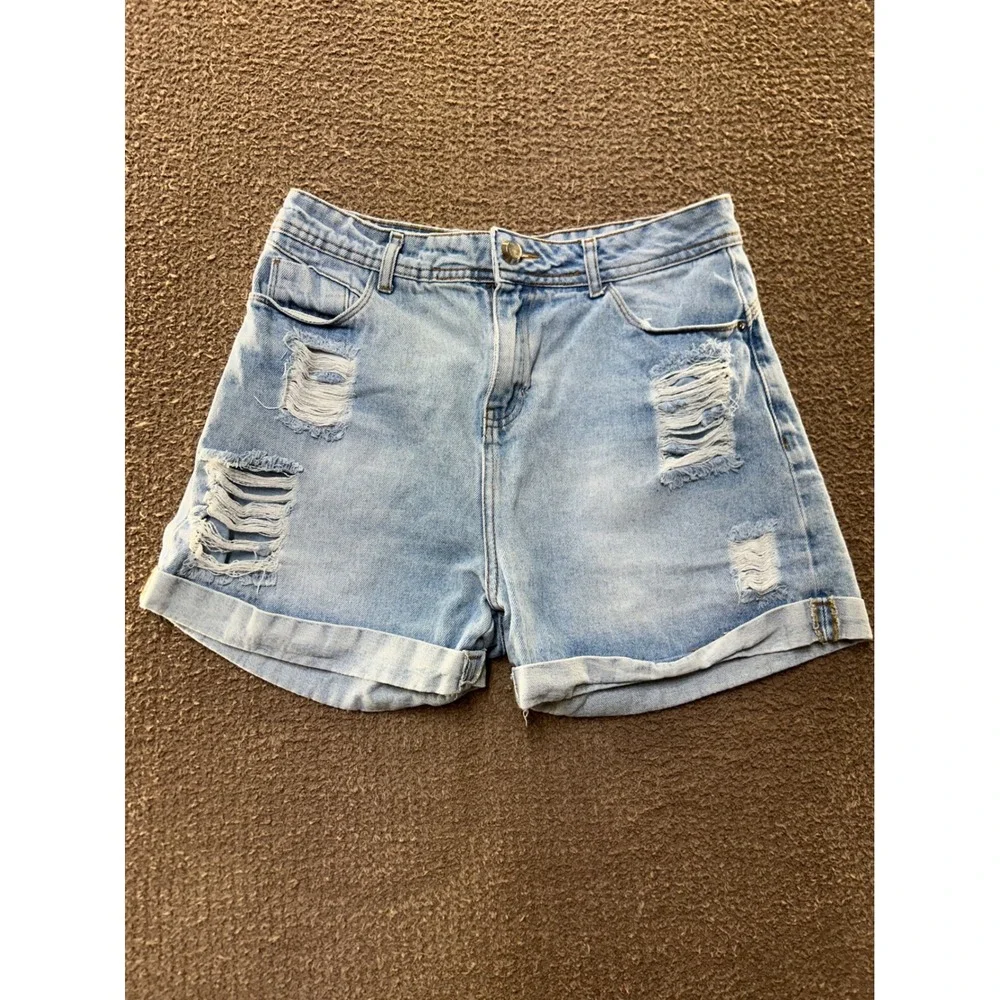Jezzian Light Wash Distressed High Waisted Denim Jean Shorts Cuffed Hem Women